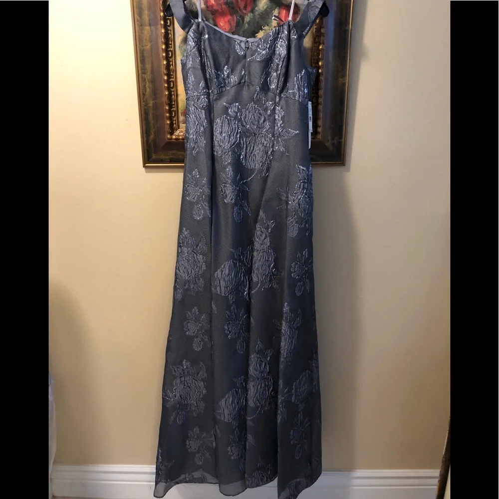 Aidan Mattox Gunmetal Off The Shoulder Silver Floral Detail-Soft Mesh Lined Gown - Picture 1 of 14